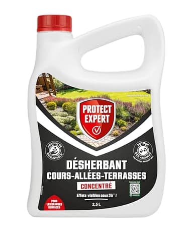 PROTECT EXPERT Désherbant Concentré - Cours Allées Terrasses - Effets visibles sous 3h - 2,5 L - Jusqu’à 150m² traités - Bidon doseur PROCOUR25N