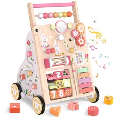 Chariot de Marche en Bois pour Bébé – Jouet Montessori à Trotteur avec Centre d’Activités – Hauteur et Vitesse Réglables – pour Fille et Garçon de 12 Mois et Plus (Rose)