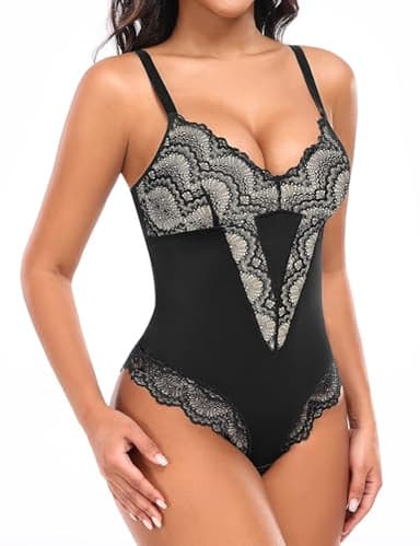 Niwicee Body Gainant Femme Ventre Plat Body Sculptant Gaine Amincissante Invisible Shapewear Bodysuit en Dentelle Col V Minceur Spaghetti Strap Lingerie Body Shaper Camisole Top (Noir-Beige,M)