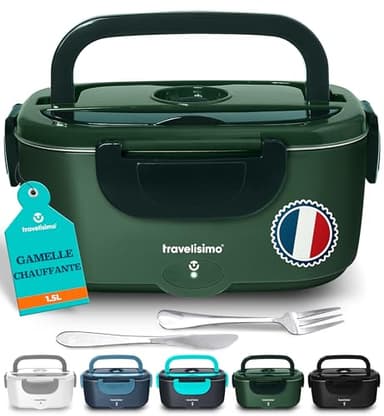 TRAVELISIMO Gamelle Chauffante 80W Lunch Box Chauffante 1,5L Chauffe Plat Electrique 3 en 1 220V 24V 12V, Marmite Electrique, Acier Inoxydable, Chauffe plat Voiture pour Voyage et Bureau