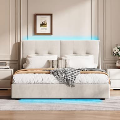 FUCMKON Lit double rembourré, 160 x 200 cm, avec éclairage LED, espace de rangement, sommier à lattes et cadre en métal, système hydraulique pour une zone de couchage élégante et organisée (beige I
