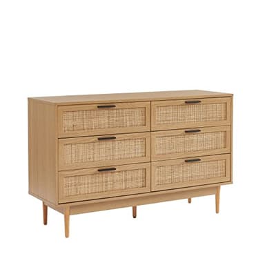 BAÏTA Commode Amana Effet chêne et cannage en rotin 6 tiroirs