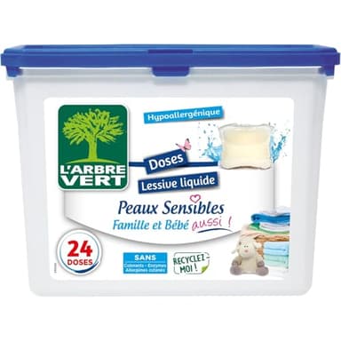 L'Arbre Vert Doses Lessive Liquide Peaux Sensibles Famille et Bébé aussi! - Hypoallergénique - 24 Doses