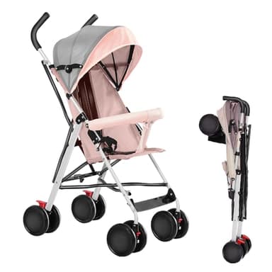 Poussette canne compacte Ingenious,Poussette Canne Bébé 0-4 Ans Pousette Compact et Légère Voyage,Poussette 4 roues, capote en trois parties, avec moustiquaire- rose