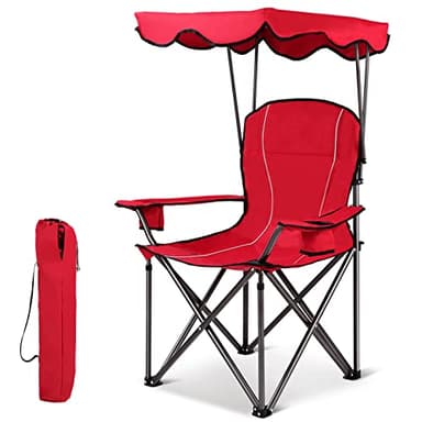 KOMFOTTEU Chaise de camping avec baldaquin ombre, chaise de plage et chaise de plage, pliable, avec porte-gobelet et sac, chaise pliante d'extérieur jusqu'à 130 kg, rouge