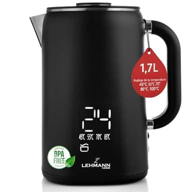 LEHMANN Bouilloire Electrique Inox 1,7L, Température réglable 45-100°C, Ebullition Rapide, Maintien au Chaud, Double Paroi, Écran Tactile, sans BPA, idéale pour Famille et Bureau, Noir Mat