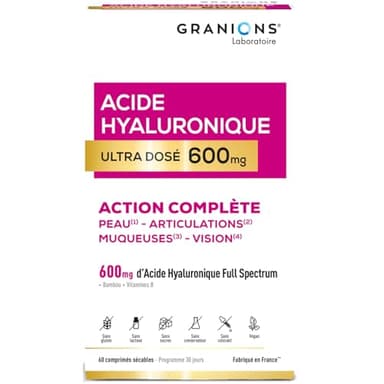 Acide Hyaluronique Ultra dosé 600 mg GRANIONS - Biotine - Hydratation intense peau - Niacinamide - Complexe Vitamine B - Anti-ride - Stimule production collagene - Vegan - Fabriqué en France