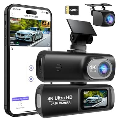 Dashcam Voiture Avant Arriere 4K+1080P, WiFi Dash Cam Camera Embarquée Voiture Enregistreur Jour et Nuit avec Carte SD 64 G, Vision Nocturne, Capteur G, Enregistrement en Boucle, WDR