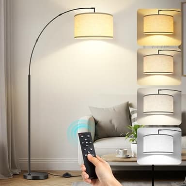 OUTON Lampadaire Arc, Lampadaire Moderne sur Pied Salon, Télécommande et Interrupteur au Pied, 40cm Abat-jour Beige, 4 Températures de Couleur, Ampoule LED E27, Lampe Arc Dimmable pour Chambre Bureau