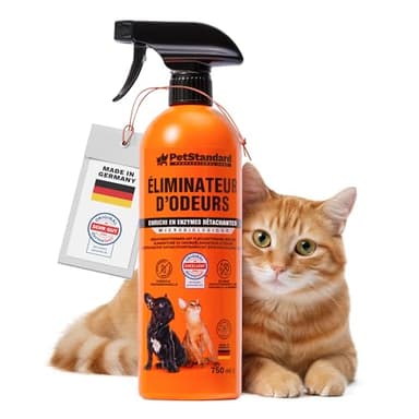 PetStandard Spray Enzymatique – Destructeur d’Odeurs Puissant & Détachant – Urine de Chien & Chat, Excréments, Vomissures – Sans danger les Animaux – Fabriqué en Allemagne – 750ml