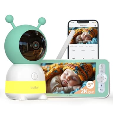BOIFUN Babyphone Camera Bebe Surveillance Wi-FI, 2K 5" Vision Nocturne, Veilleuses, Interphone Bidirectionnel, Détection de Température/Son/Suivi Automatique, Baby Phone Vidéo Connecté Smartphone