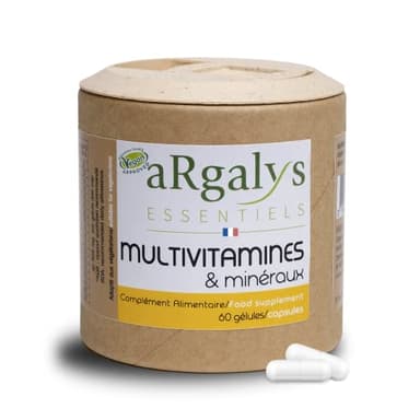 Multivitamines et minéraux (2 mois) - 20 Nutriments - Vitamines A, B, C, D3, E, K1 et H - Iode, Sélénium + Magnésium - Homme/Femme - Vegan - 60 gélules fabriquées en France - Argalys Essentiels