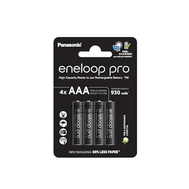 eneloop Pro, Piles Rechargeables AAA/Micro, Lot de 4, capacité de Min. 930 mAh, Piles Ni-MH, prêt à l'emploi, Rechargeables jusqu'à 500 Fois, Emballage sans Plastique, Pro, Noires