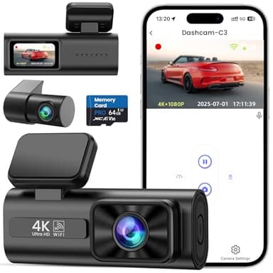 TINAZEOK C3 Dashcam Voiture Avant arrière, caméra 4K+1080P, Wi-FI 5GHz avec contrôle Via app, Carte SD 64GB, Vision Nocturne, Grand Angle 170°, WDR, stationnement 24H, capteur G, Installation Facile