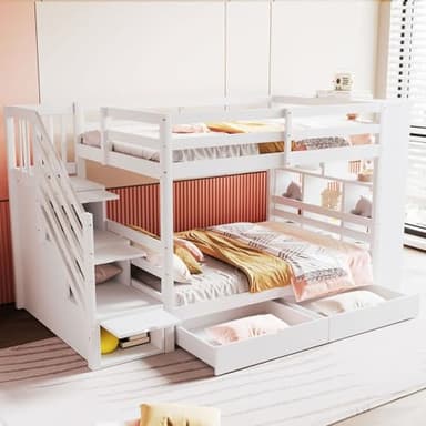 PUGSDRLY Lit Superposé Enfant 90x200cm avec étagère et escalier de Rangement,Lit Enfant 2 Places avec 2 Tiroirs,Sommier à Lattes en Pin,Haute de la Clôture,sans Matelas (Blanc)
