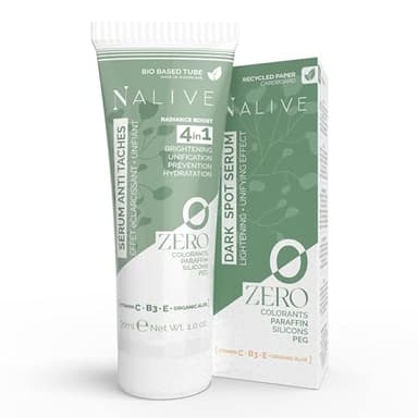 ZERO Nalive – Crème Anti-Taches Visage et Corps - Fabriqué en Italie - Sérum Éclaircissant avec Vitamine C, B3, E & Aloe Vera Bio - Sans Silicones, Paraffine, PEG, Parfum ni Colorants - 30 ml