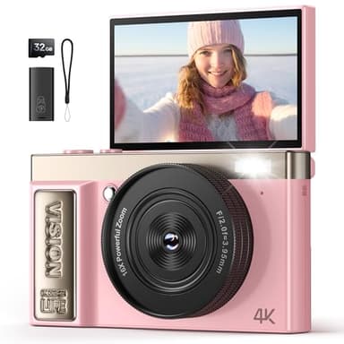 Appareil Photo Numérique 4K Digital: 64MP Appareils Numérique avec Écran Rabattable 180° - Camera pour Vlog avec Carte 32GB - pour Adolescents Débutants Adultes Enfant Rose YYZA9