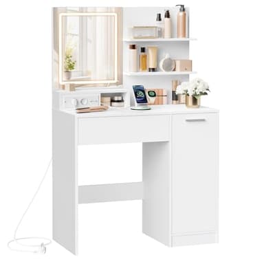 VASAGLE Kailyn Collection - Coiffeuse avec Miroir LED, avec Multiprise, Compartiment avec 2 Étagères Réglables, 1 Tiroir, 2 Étagères, Coin Beauté, Moderne, Blanc RDT138W01