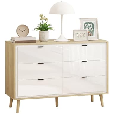 HOMCOM Commode 6 tiroirs, Meuble de Rangement à Haute Brillance avec 5 Pieds en Bois, Style Moderne, Commode pour Chambre à Coucher, Salon, Couloir, 110 x 40 x 75 cm, Blanc et chêne