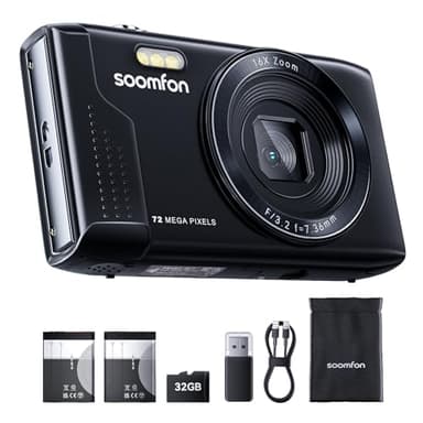 SOOMFON Appareil Photo Numérique Max 72MP avec vidéo 1080P, Appareil Photo Compact avec Zoom 16X 19 Filtres, Digital Camera 2 Batteries et Carte 32 Go, Digital Camera pour Adulte/Débutant/Enfant-Noir