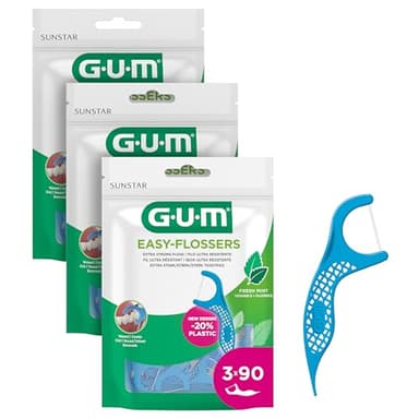 GUM® EASY-FLOSSERS | Porte-fil dentaire | Élimine la plaque dentaire et les résidus alimentaires entre les dents | Recouvert de fluor et de vitamine E | 3x90 porte-fils