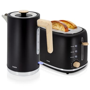 briebe Nordic Ensemble Grille Pain 2 Fentes Tranches Larges, 6 Niveaux de Dorage + Bouilloire Électrique 1,7 L sans Fil, 2200 W, sans BPA, Pack Petit Déjeuner Électroménager, Design Nordique, Noir