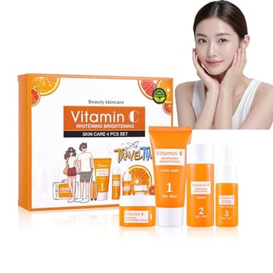 Coffret Soin Visage Femme,4 PièCes Coffrets De Soins Pour La Peau,Avec Nettoyant Visage,Lotion Tonique Face,SéRum à La Vitamine C,Creme Hydratante Face,Hydrate Et Apporte De L’éClat Au Teint