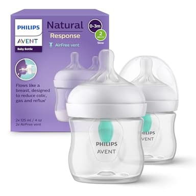 Philips Avent, Biberons à Réponse Naturelle de 125 ml avec valve AirFree, sans BPA, pour les bébés de 0 mois et +, Lot de 2, modèle SCY670/02