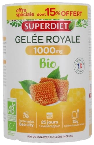 SUPERDIET-GELÉE ROYALE BIO 1 000MG-Fortifiant-Cuillère doseuse incluse-Fabrication française-FORMAT PROMO- Pot de 25g dont 15% OFFERT