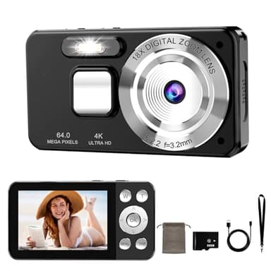 Appareil Photo Numérique 4K 64MP, Zoom 18x, Autofocus, Time-Lapse, Écran 2.8'' Rechargeable,Webcam, Trou pour trépied, Carte SD 32GB, Idéal pour Enfants, Débutants et Voyages