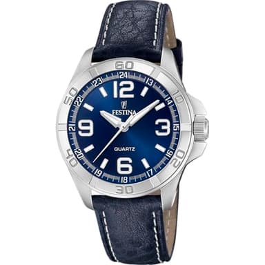 Festina Montre Homme Analogique en Cuir Bleu - Mouvement Quartz - Verre Minéral Haute Résistance - Étanche 5 ATM - Élégante F20444/2 Special Prices
