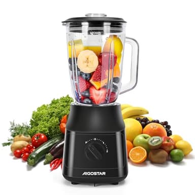 Aigostar Swift - Blender Mixeur, Bol Verre 1.5 L, avec 4 Lames en Revêtement en Titane, Puissance 800 W, 2 Vitesses + Fonction Pulse, pour écraser la Glace, la Purée et Les Fruits Congelés