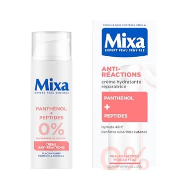 MIXA - Crème Anti-Réactions - Hydrate Intensément & Répare La Barrière Cutanée en 4H* - Sans Parfum, Sans Alcool - Panthénol + Peptides - Tous Types de Peaux Réactives - Flacon-Pompe 50 ml