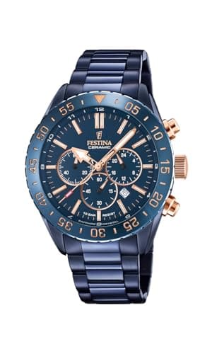 Festina Montre Homme Analogique en Acier Inoxydable Céramique Bleu - Mouvement Quartz - Chronographe - Calendrier - Verre Saphir Haute Résistance - Étanche 10 ATM F20576/1 Ceramic