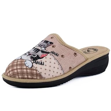 JOMIX Chaussons Maison Femme Seniors Orthopédique Antidérapantes Mule Sabot bout Fermé Semelle Compensée Légère Pantoufles Hiver Chauds et Confortables Motif Chat TD9206 Beige 39
