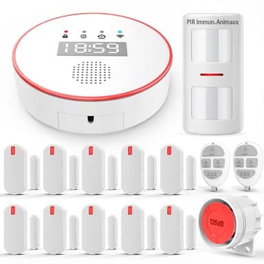 YISEELE Alarme Maison sans Fil: Connexion Wi-FI 5 GHz - Complet Sirène 125dB - Capteur Infrarouge (PIR) Anti-Animaux - 10 Capteurs Porte/Fenêtre - 2 Télécommandes - Hub - Compatible Alexa & Google