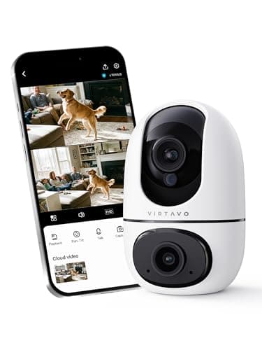 virtavo Caméra Surveillance WiFi Intérieure 1080P, 2-en-1 Double Objectif, Rotation 360, Vision Nocturne Couleur, Auto-Suivi, Audio Bidirectionnel, pour Bébé et Animaux