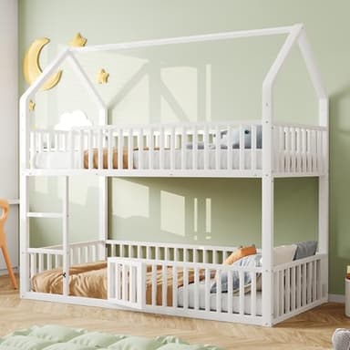 Lit superposé, 90 x 200 cm, pour 2 enfants, en métal, avec protection anti-chute et sommier à lattes, pour 2 enfants, en métal, avec escalier et porte, blanc, 90 x 200 cm
