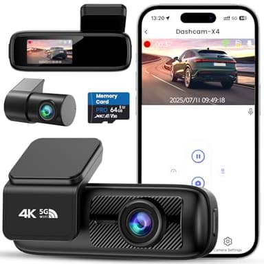 DEALAZOT Dashcam Voiture Avant Arrière, Caméra 4K+1080P, Wi-Fi 5GHz avec Contrôle via App, Carte SD 64Go, Vision Nocturne, Stationnement 24H, Capteur G, Grand Angle 170°, WDR, Installation Facile (X4)