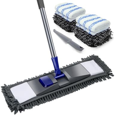 Eukue Balai Serpillère, Grande Balais à Plat Serpillère Microfibre avec 4 Tampons, Balai Serpillère Professionne avec Manche INOX, Pliable Balais Nettoyer Sol