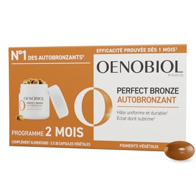 Oenobiol Autobronzant Perfect Bronze - Efficace Dès Le 1Er Mois Sans Soleil - Concentration De 5 Pigments 100% D'Origine Végétale - Complément Alimentaire 2X30 Capsules - Programme 2 Mois