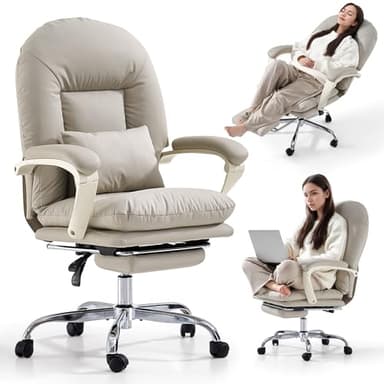 EMIAH Fauteuil de Bureau Ergonomique avec Repose-Pieds, Chaise de Bureau Inclinable en Cuir PU, Siège Pivotant Moderne Confortable avec roulettes, Chaise d'ordinateur Mi-Dossier pour la Maison, Beige