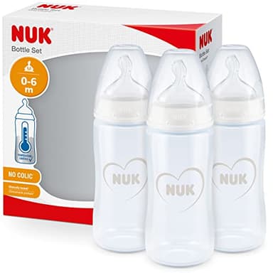NUK First Choice+ Biberons | 0-6 mois | 150 ml | Biberons anti-coliques avec tétine physiologique en silicone | Contrôle de la température | Sans BPA | Gris et Blanc | Lot de 3