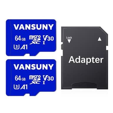 Carte SD 64Go, Lot de 2 Vansuny Carte Micro SD 64Go + Adaptateur SD, 64 Go Micro SD Vitesse de Lecture Allant jusqu'à 90 Mo/s (A1, U3, C10, V30, Lot de 2 Carte SD 64 Go+ 1 Adaptateur)