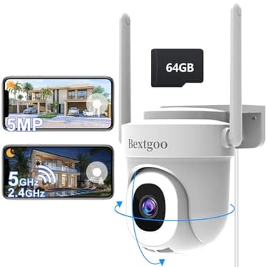 Bextgoo 3K 5MP Camera Surveillance WiFi Exterieure avec 64 Go Carte, Camera Surveillance WiFi 2.4/5GHz, Pan 355°/Tilt 120° Caméra Auto Suivi, Détection Mouvement AI, Vision Nocturne Couleur, IP67