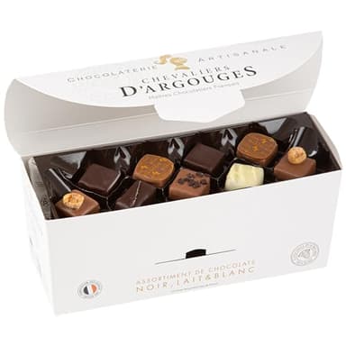 CHEVALIERS D'ARGOUGES Maîtres Chocolatiers Français - Assortiment de chocolats noir 70%, lait 33% et blanc - Ballotin dégustation 355g