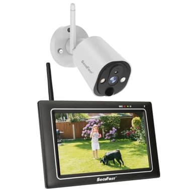 SecuFirst Kit 2K Caméra de Surveillance Extérieure sans Fil avec Moniteur intérieur,Écran Tactile 7",Vidéo Babyphone Camera,Travailler sans WiFi,Détecteur de Mouvement, Carte SD 64 Go, Interphone