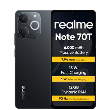 realme Note 70T Smartphone 4+256 Go, Batterie de 6 000 mAh, Charge Rapide de 15 W avec Charge Inverse de 6 W, 24 Go de RAM Dynamique, Affichage avec Confort visuel de 90 Hz, Noir