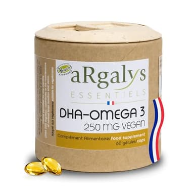 Omega 3 DHA | Huile d’algues - Naturel - Ultra Pure | Vegan | 60 capsules | 250 mg DHA/Capsule | Fabriqué en France | Argalys Essentiels