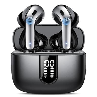IKT Ecouteurs Bluetooth sans Fil, Écouteurs Bluetooth 5.3, 50 Heures Contrôle Tactile, 4 ENC Appel Réduction Antibruit Mic, Basses Profondes, Ajustement Confortable, IPX7 Étanche Casque(Noir)